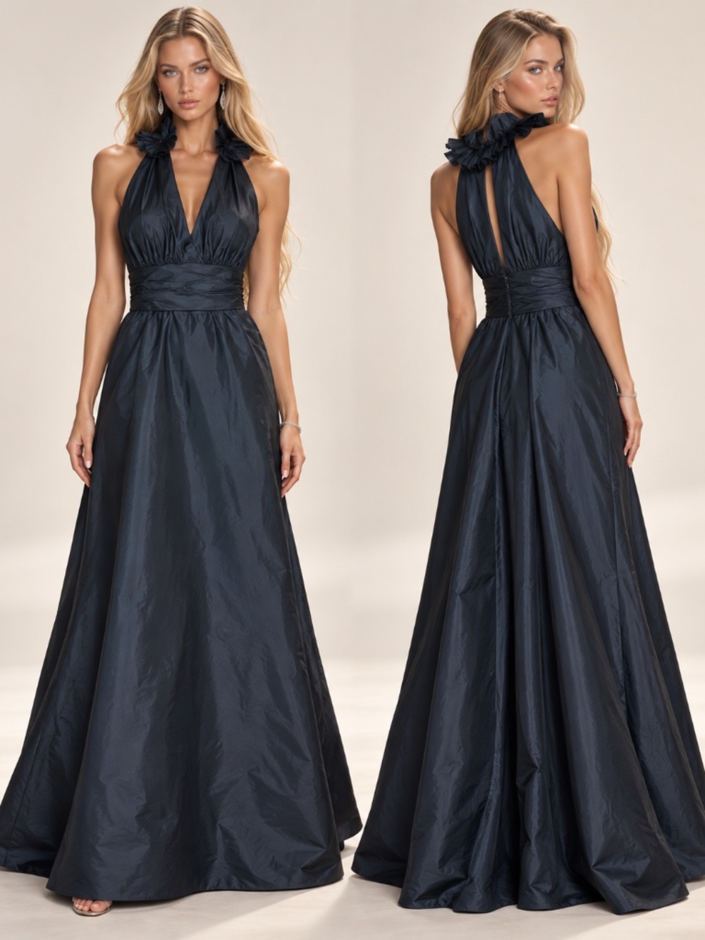 Jim Hjelm Black Halter Formal Gown 12 Y2K Gothic Ruffle Taffeta